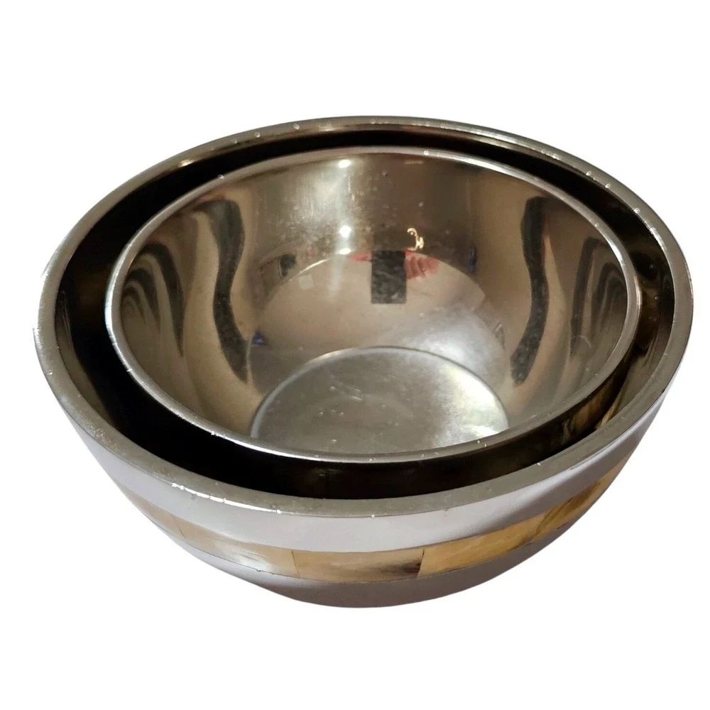Stainless Steel Nesting Bowls Set of 2 Silver with Shell Inlay Mosaic Band VTG
